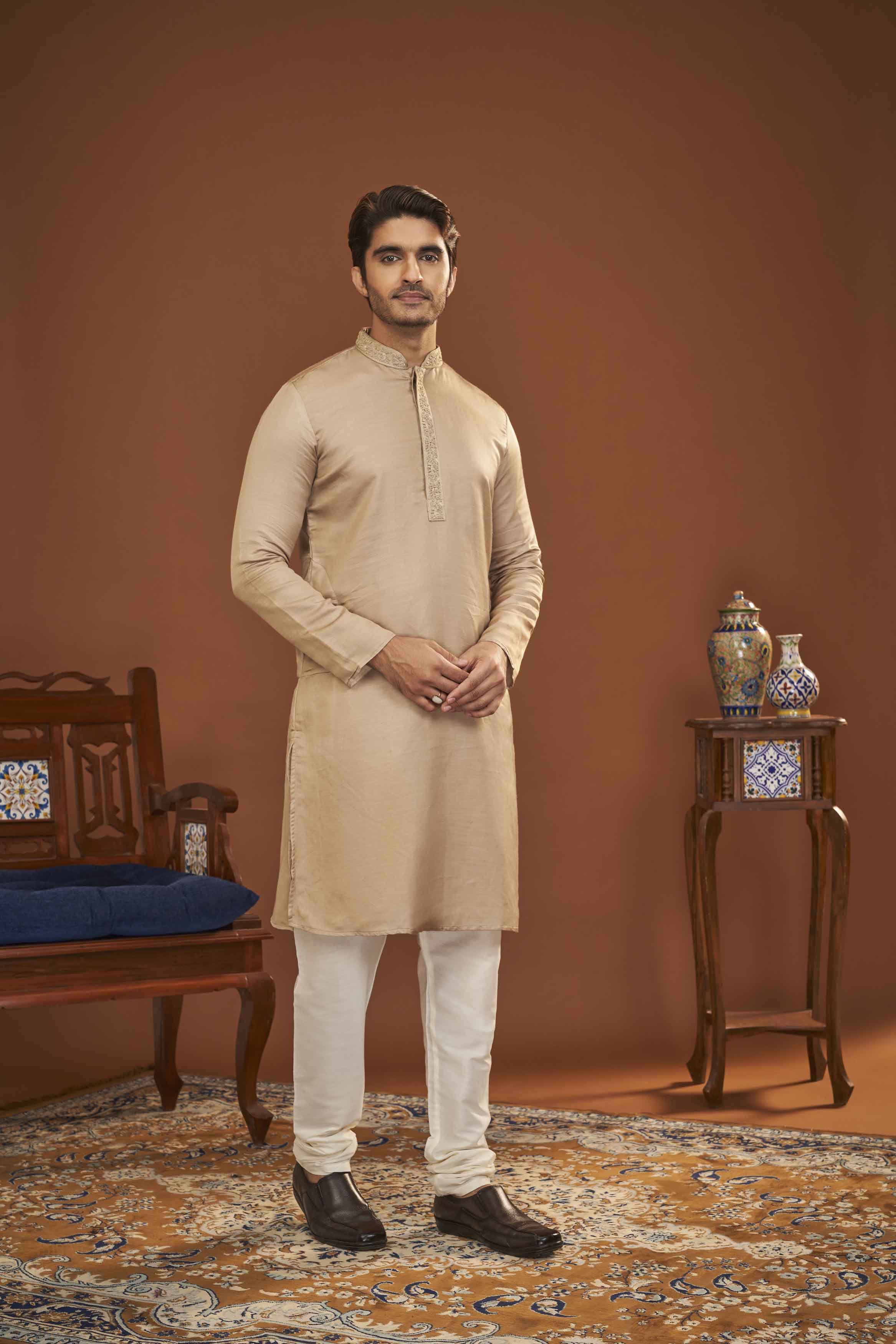Brown Satin Kurta with Hand Embroidered Collar